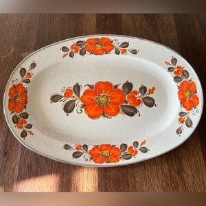 Vtg Show Pans by Sanko Ware Japan, Orange Flowered Enamel on Steel Serving Tray